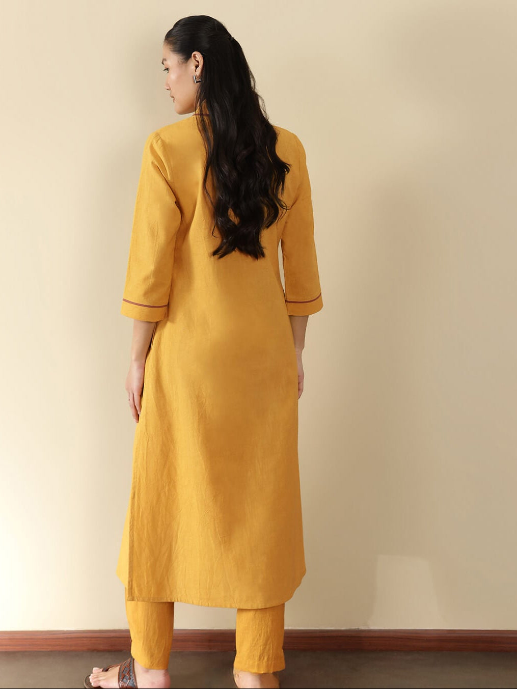 Linen Blend Solid A-Line Kurta Set - Yellow
