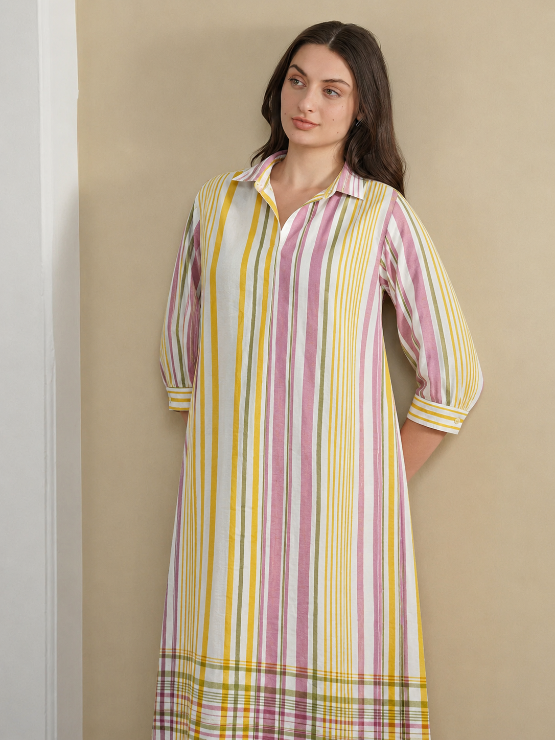 Cotton Striped Shirt Collar Kurta Set - Off White