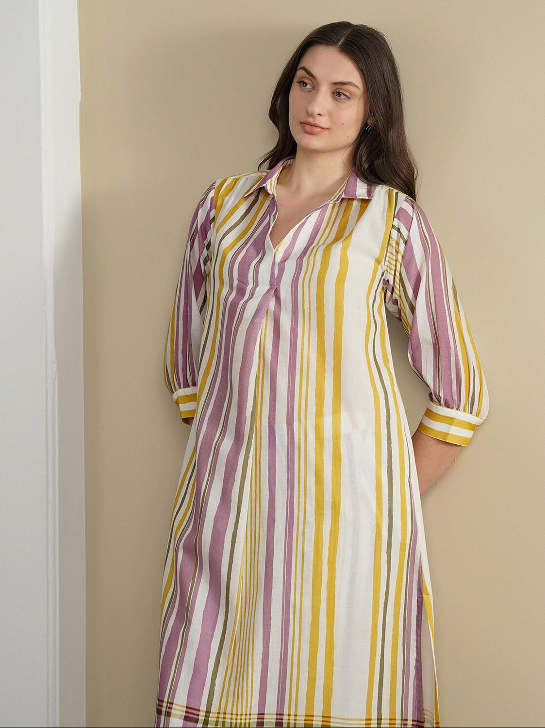 Cotton Striped Shirt Collar Kurta Set - Off White