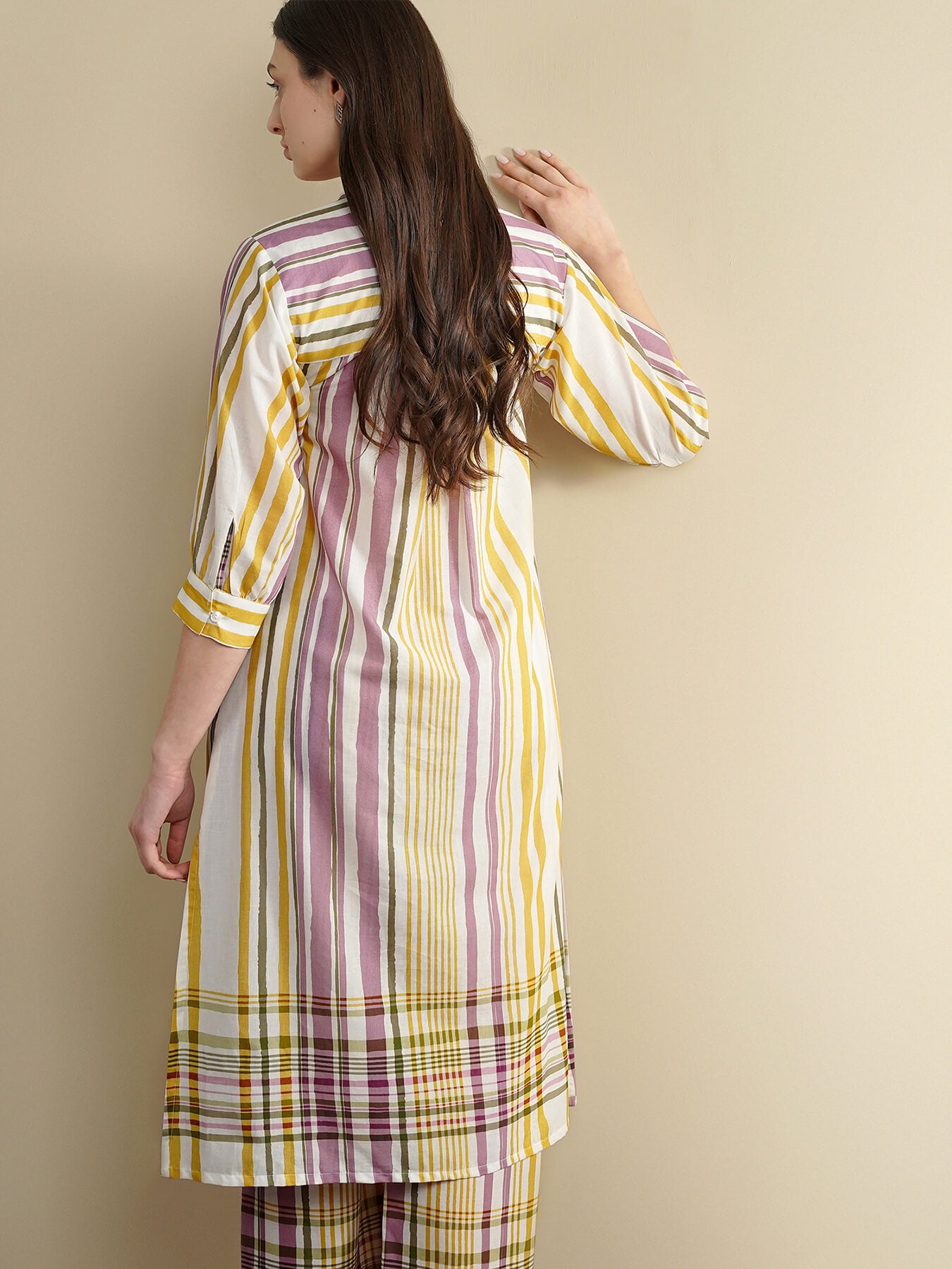 Cotton Striped Shirt Collar Kurta Set - Off White