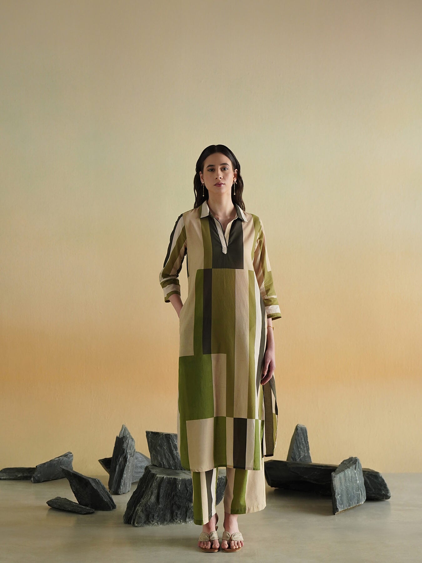 Cotton Striped Shirt Collar Kurta Set - Green