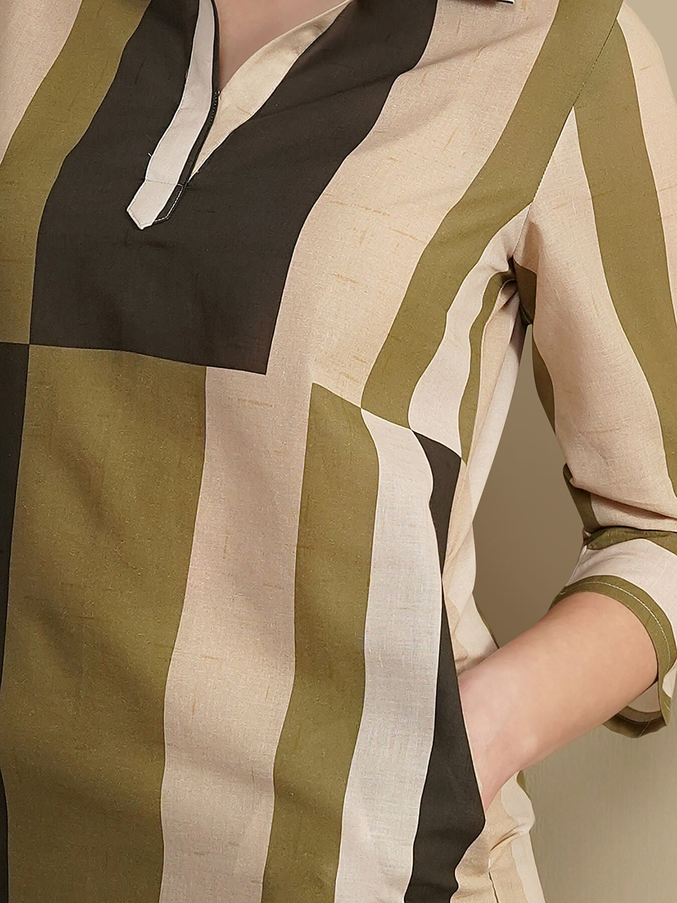 Cotton Striped Shirt Collar Kurta Set - Green