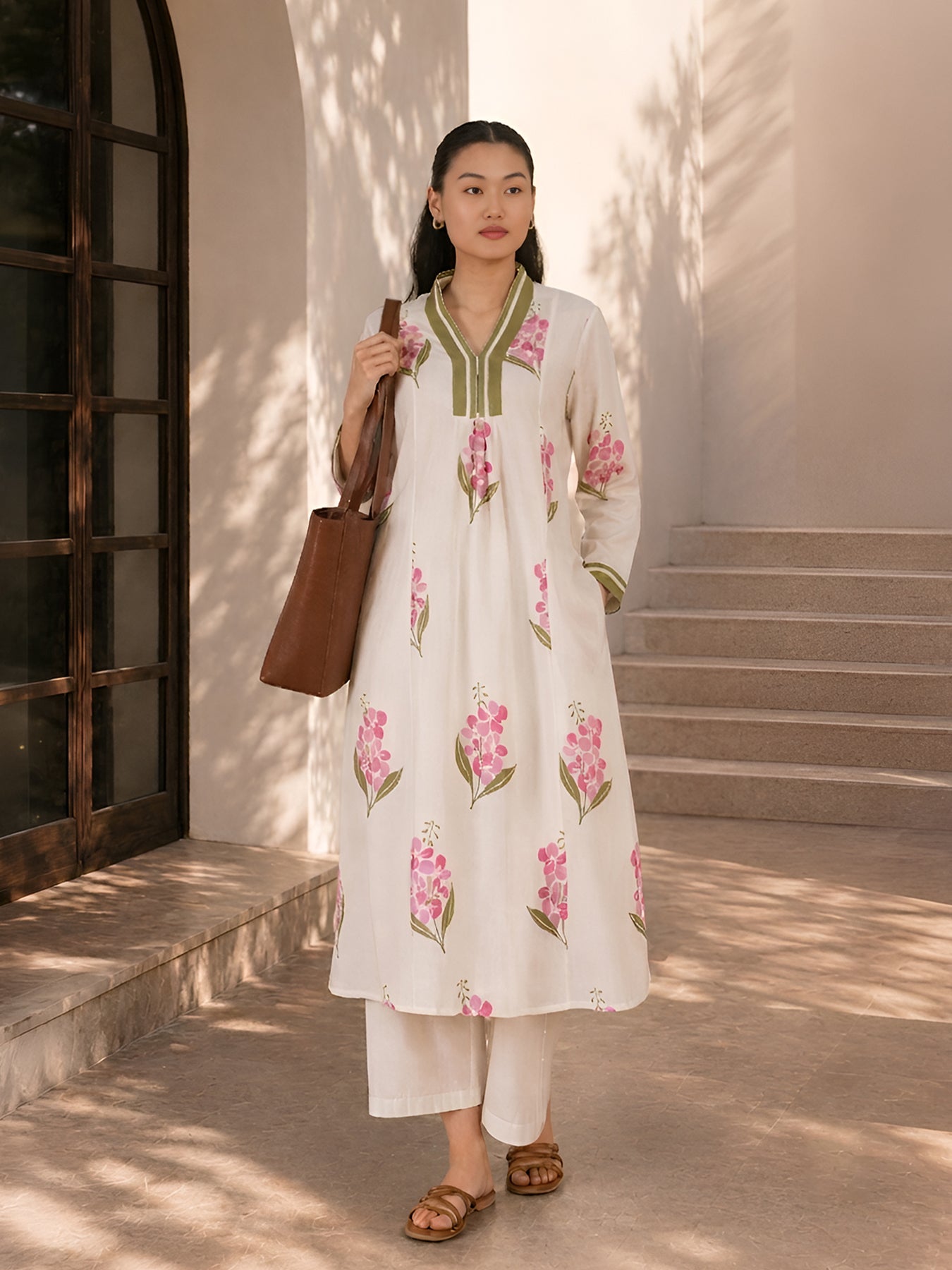 Cotton Floral A-Line Kurta Set - Off White