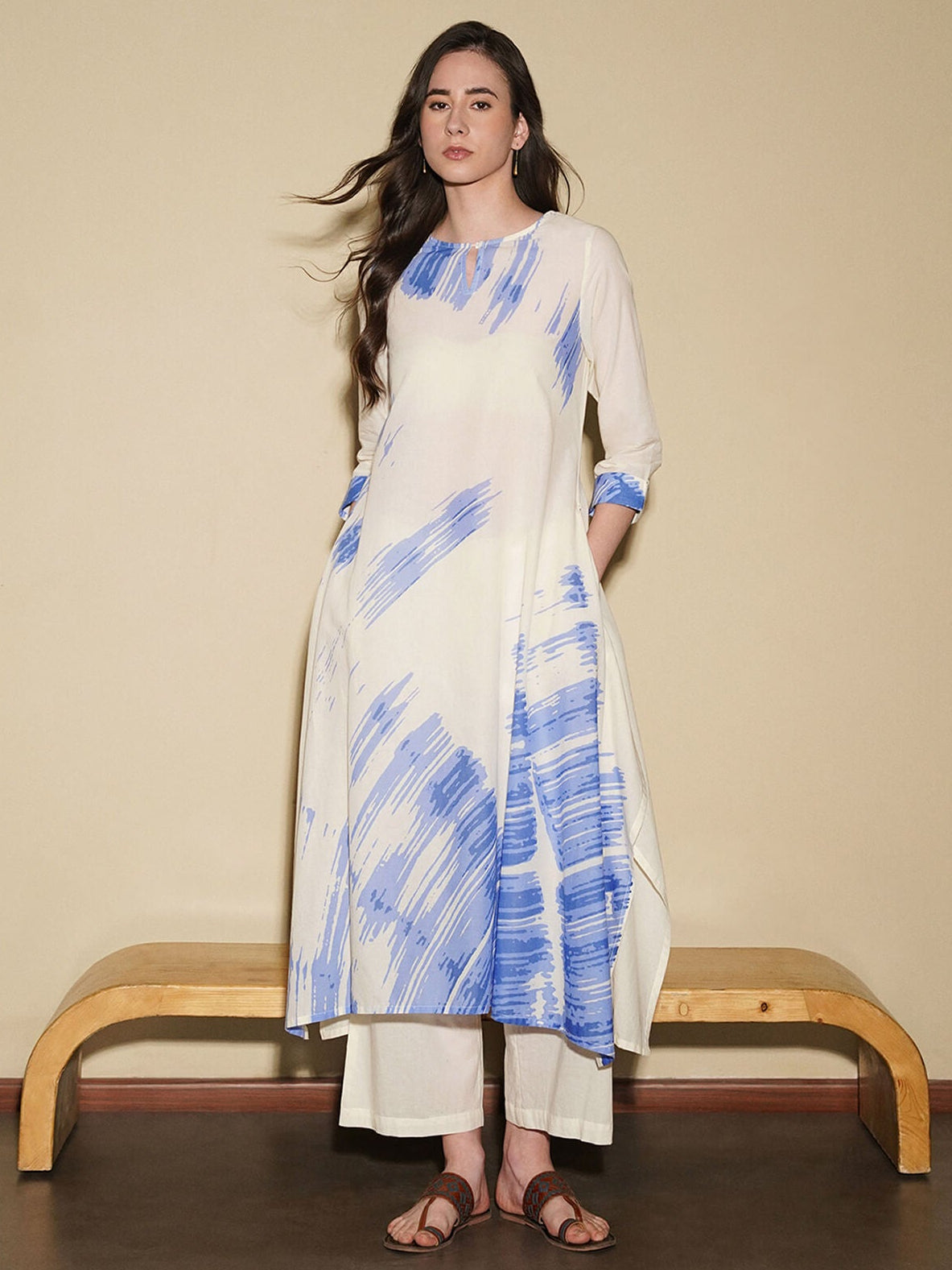 Cotton Abstract A-Line Kurta Set - Off White