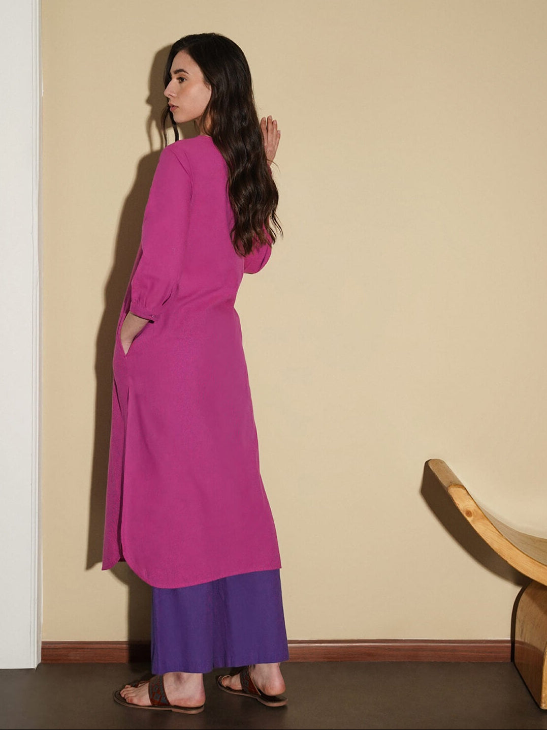 Cotton Colourblock Straight Kurta Set - Pink and Purple