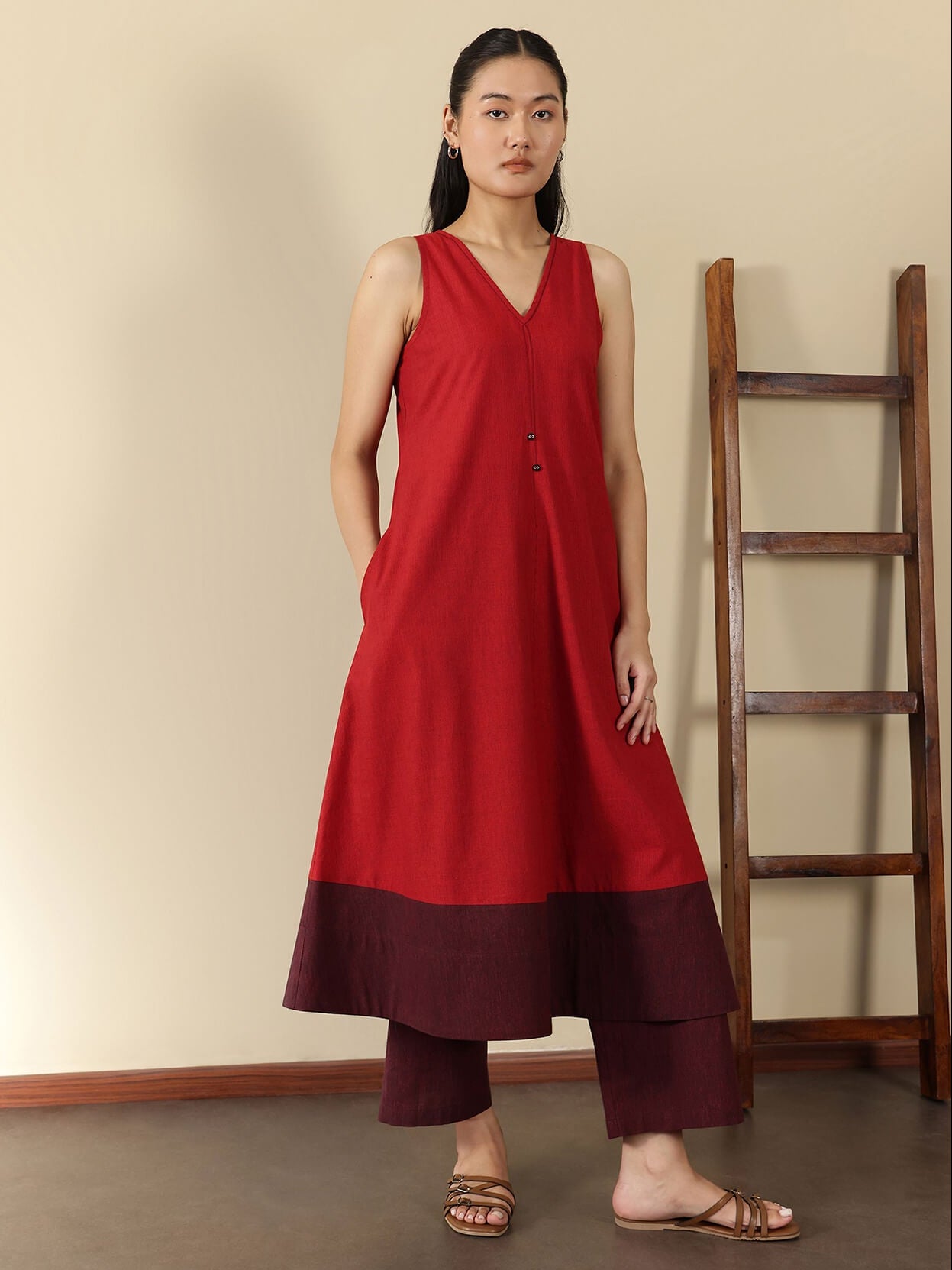 Cotton Colourblock A-Line Kurta Set - Red