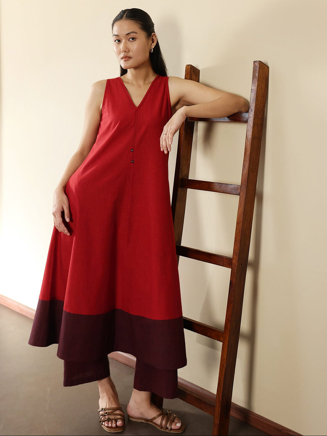 Cotton Colourblock A-Line Kurta Set - Red