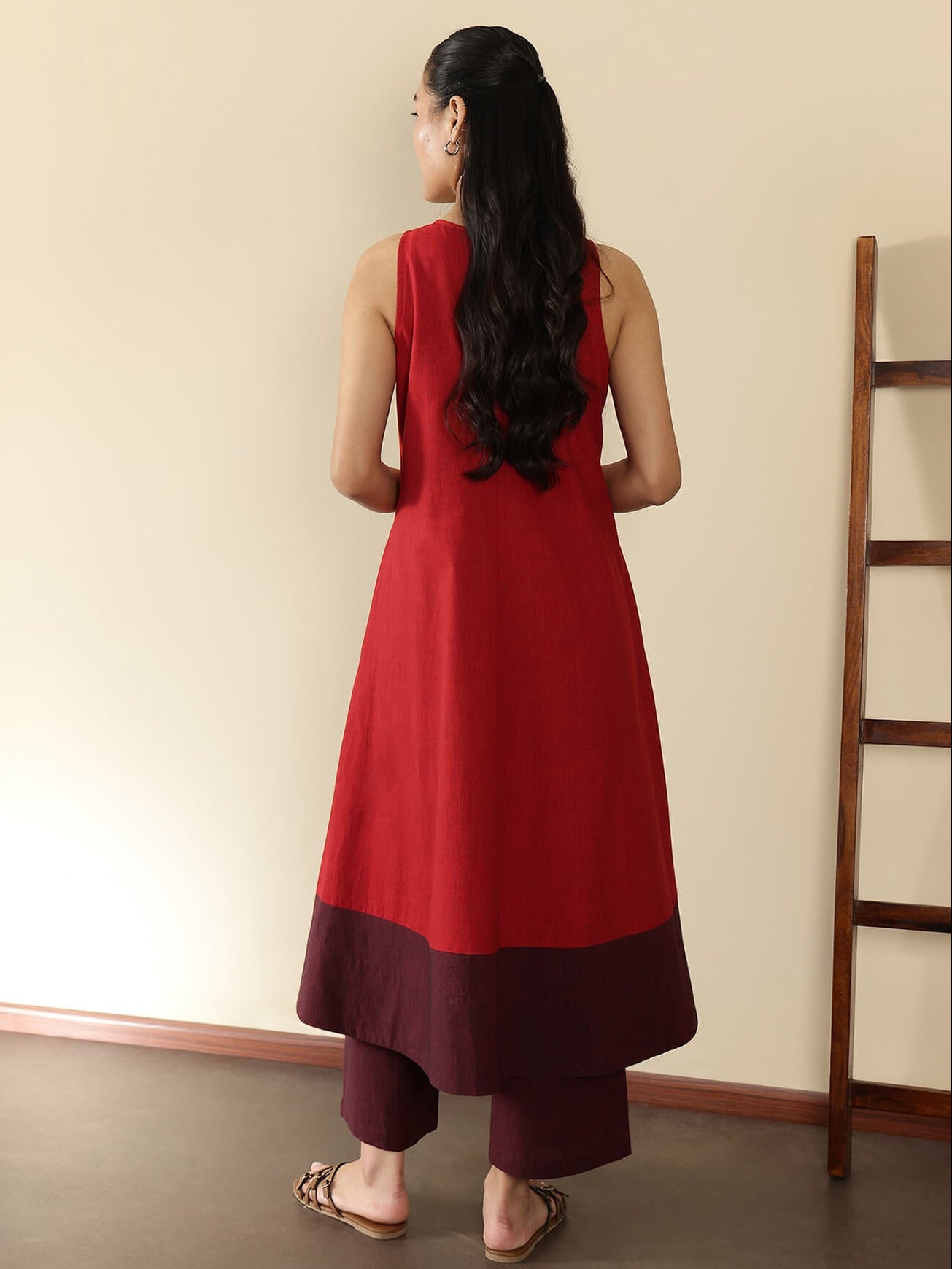 Cotton Colourblock A-Line Kurta Set - Red