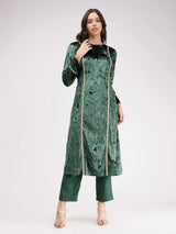 Velvet Boat Neck Kurta Set - Green