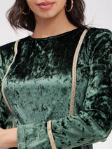 Velvet Boat Neck Kurta Set - Green
