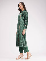 Velvet Boat Neck Kurta Set - Green