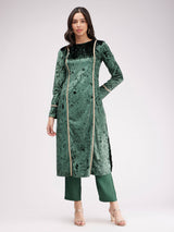 Velvet Boat Neck Kurta Set - Green