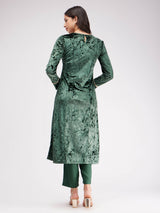 Velvet Boat Neck Kurta Set - Green