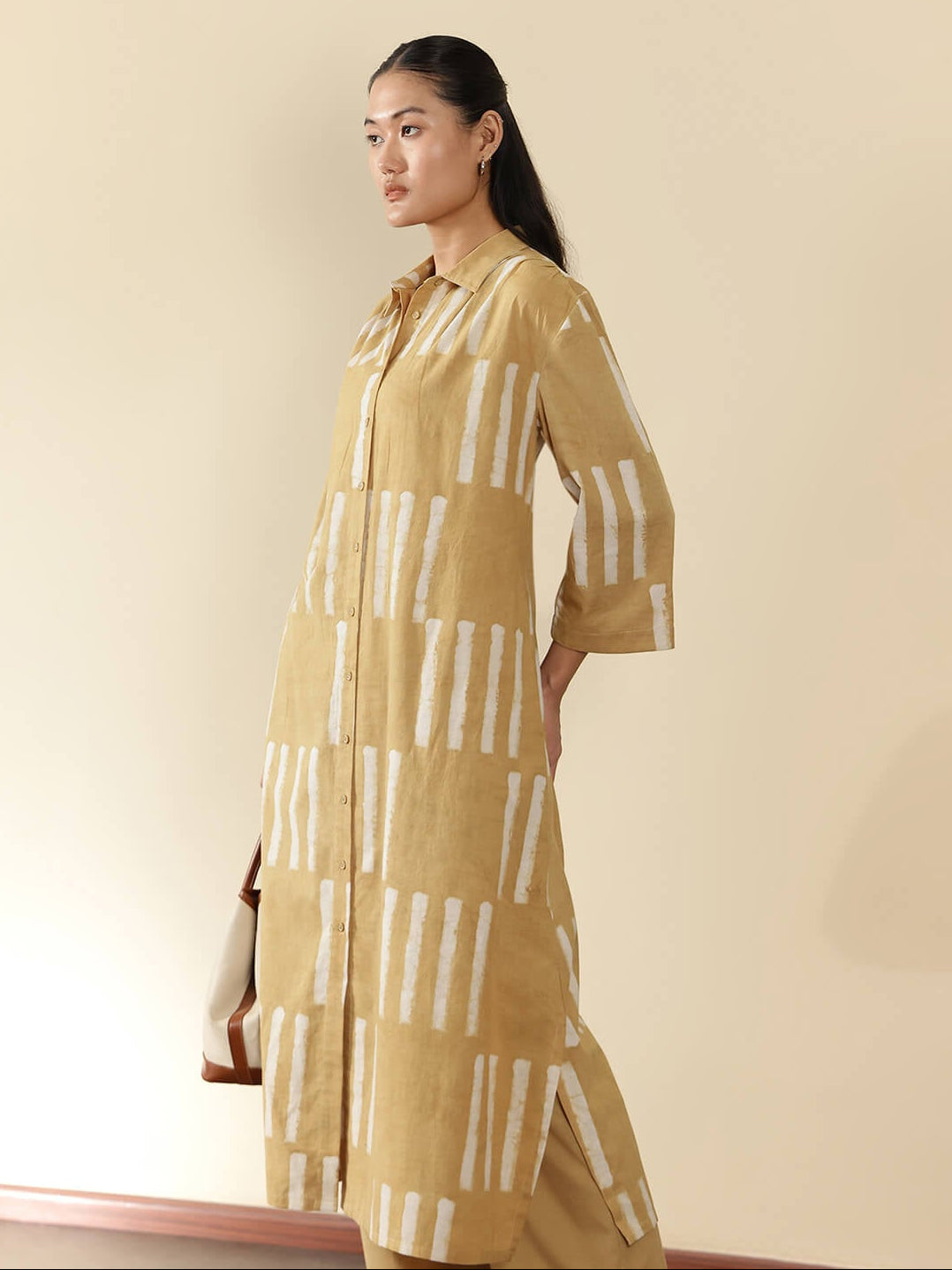 Cotton Geometric Shirt Collar Kurta Set - Mustard