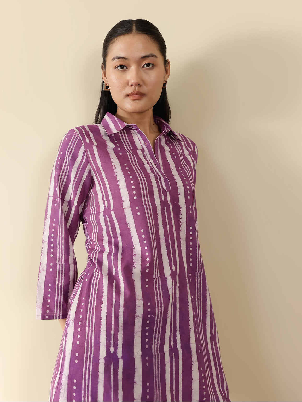 Cotton Dabu Striped Shirt Collar Kurta Set - Purple