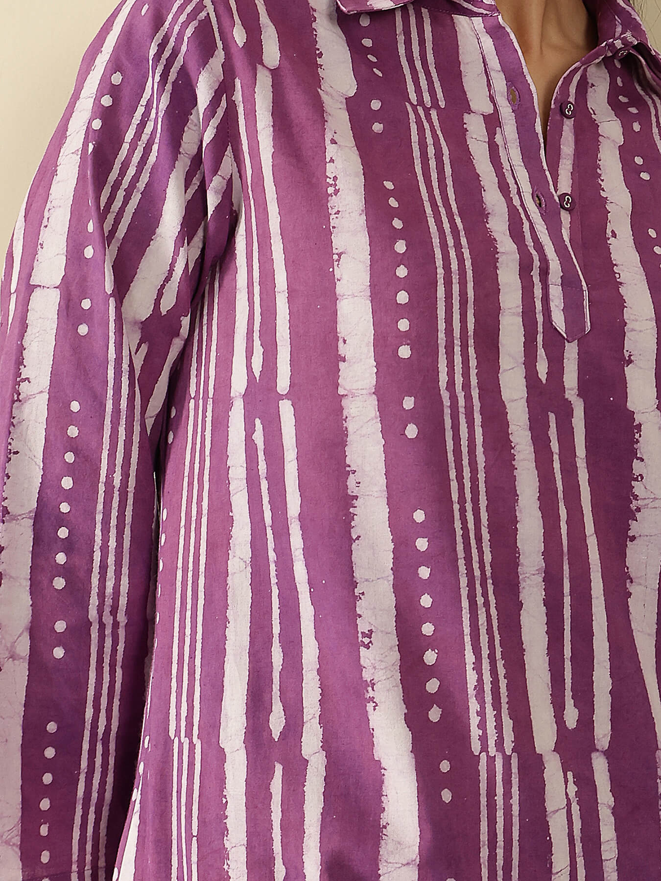 Cotton Dabu Striped Shirt Collar Kurta Set - Purple