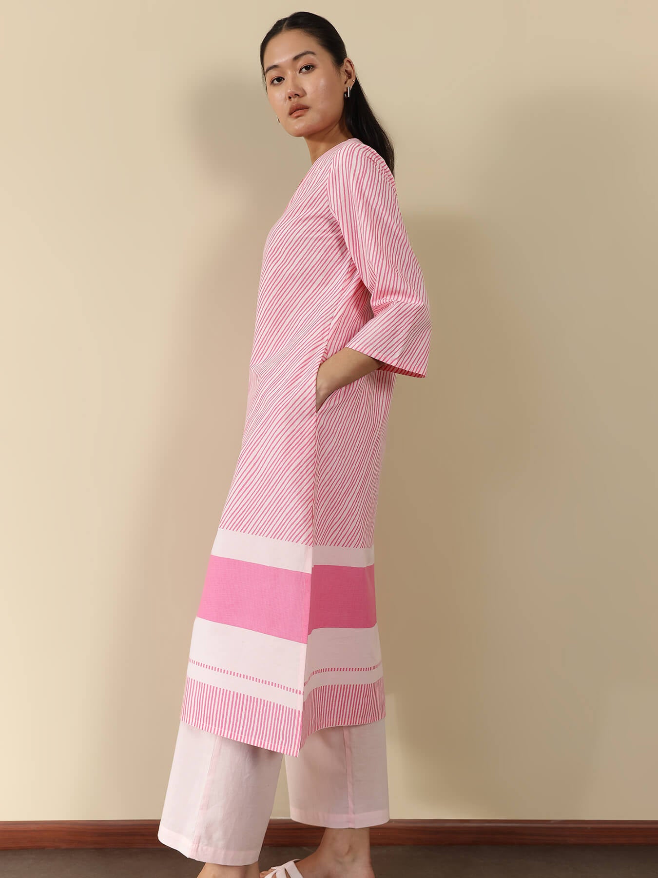Cotton Striped Kurta Set - Pink