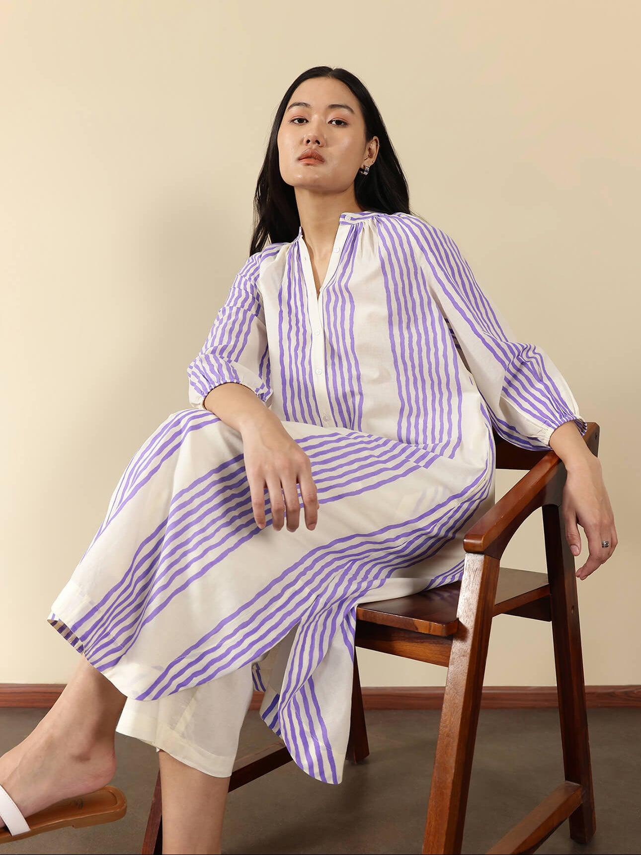 Cotton Striped Kurta Set - Off White and Lavender