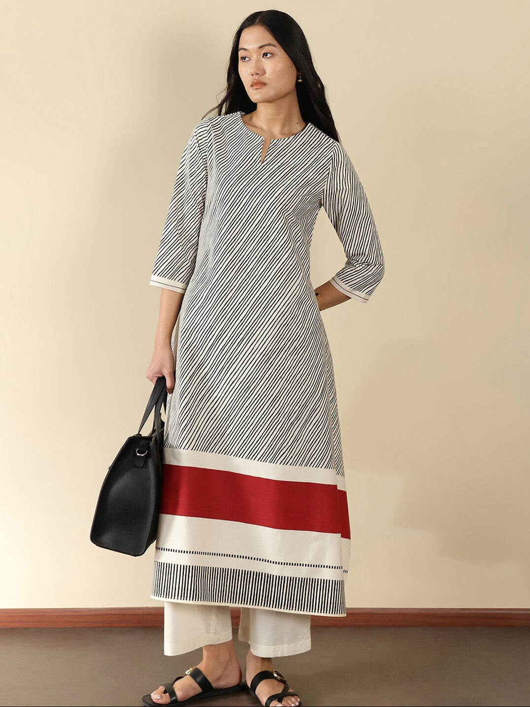 Cotton Striped Assymetric Kurta Set - Off White and Black
