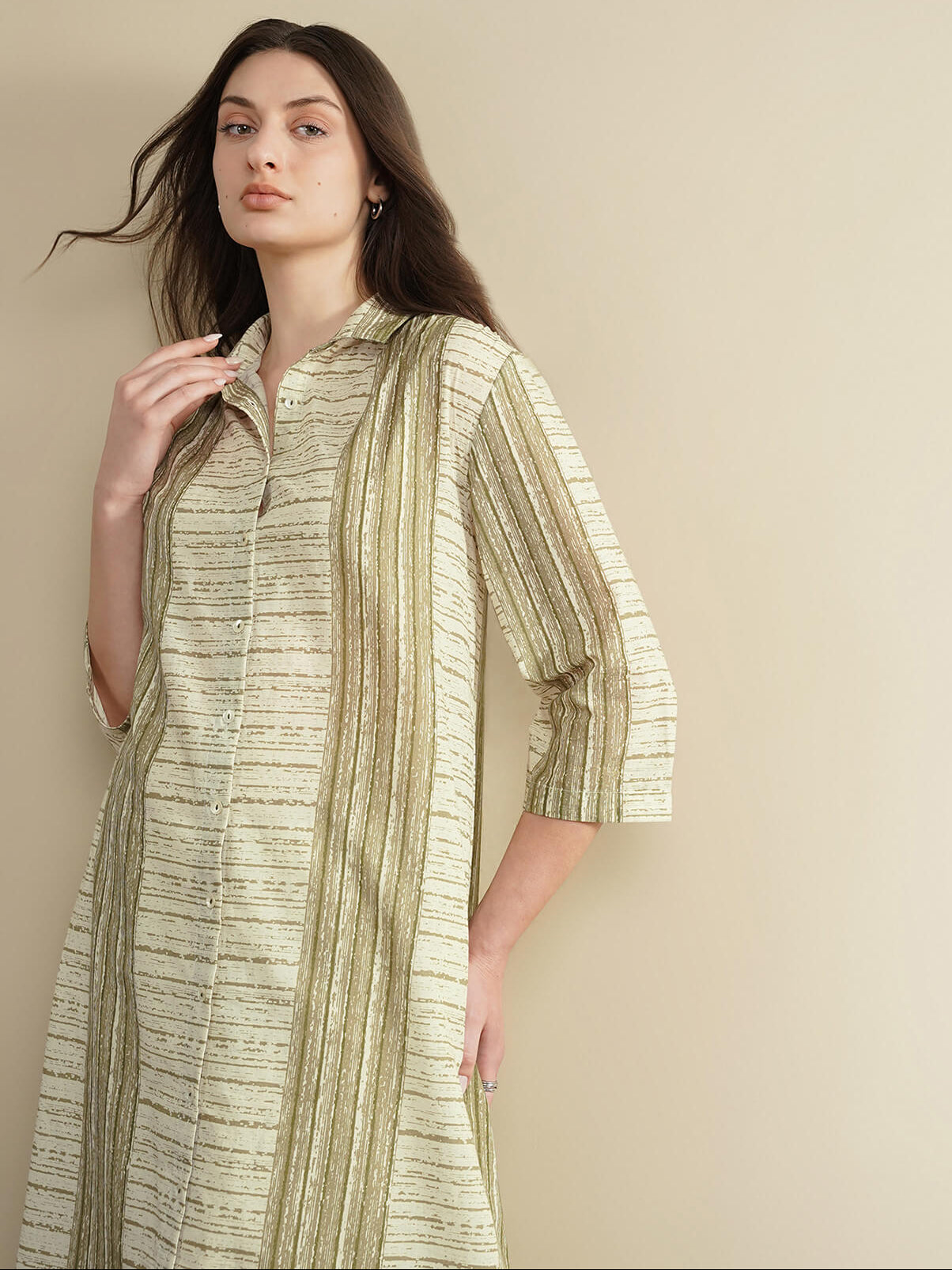 Cotton Striped Shirt Collar Kurta Set - Green and Off-White