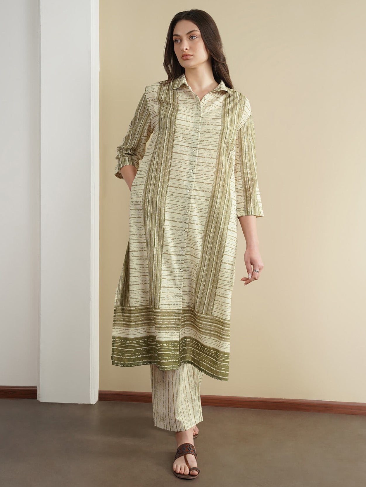 Cotton Striped Shirt Collar Kurta Set - Green and Off-White