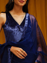 Velvet Sleeveless Kurta Set - Blue