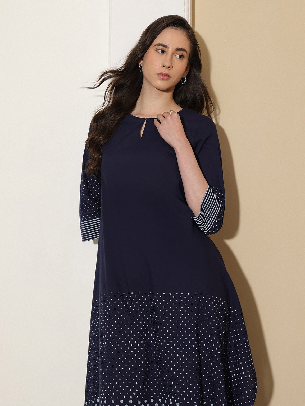 Cotton Round Neck A-Line Kurta Set - Navy Blue