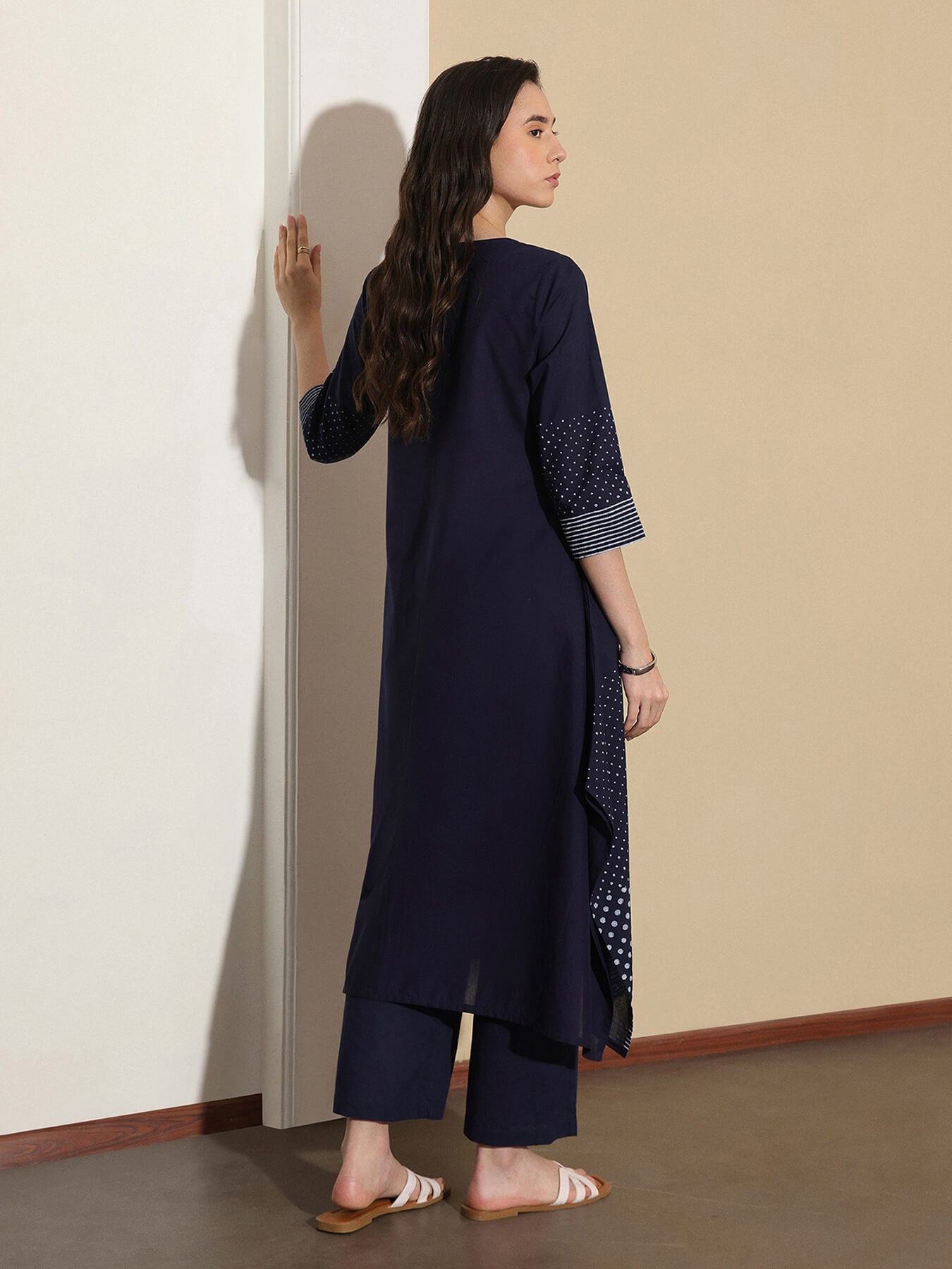 Cotton Round Neck A-Line Kurta Set - Navy Blue