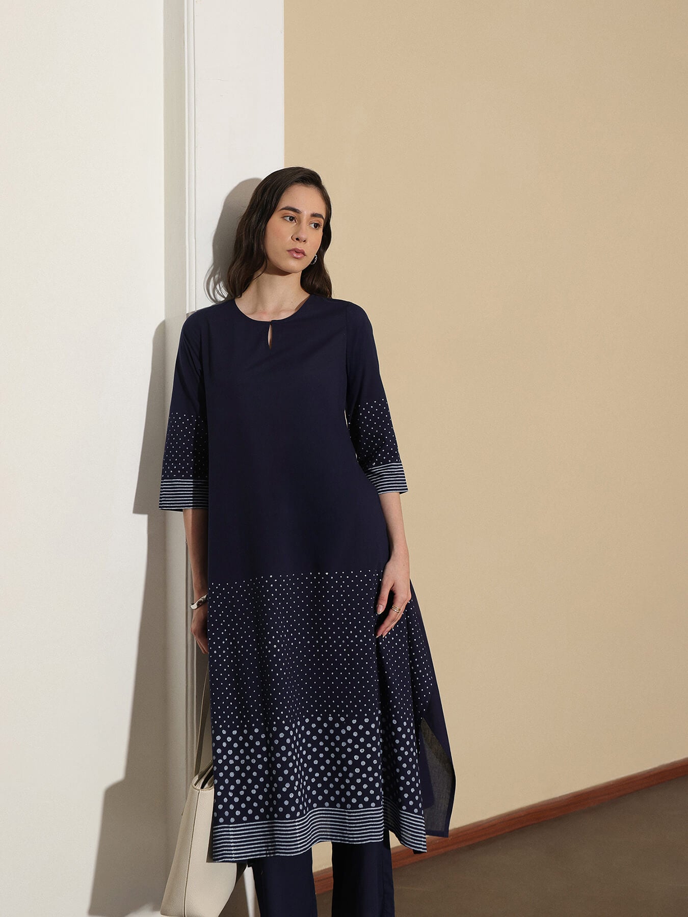 Cotton Round Neck A-Line Kurta Set - Navy Blue