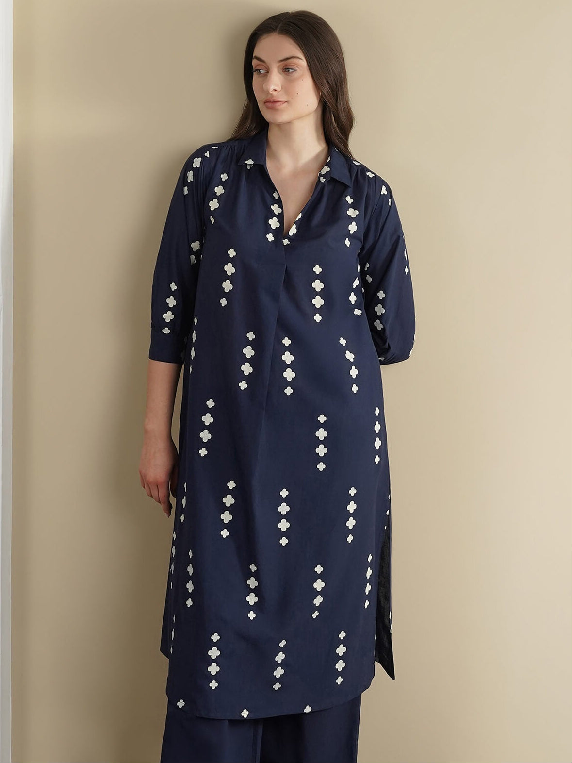 Cotton Geometric Straight Kurta - Navy Blue
