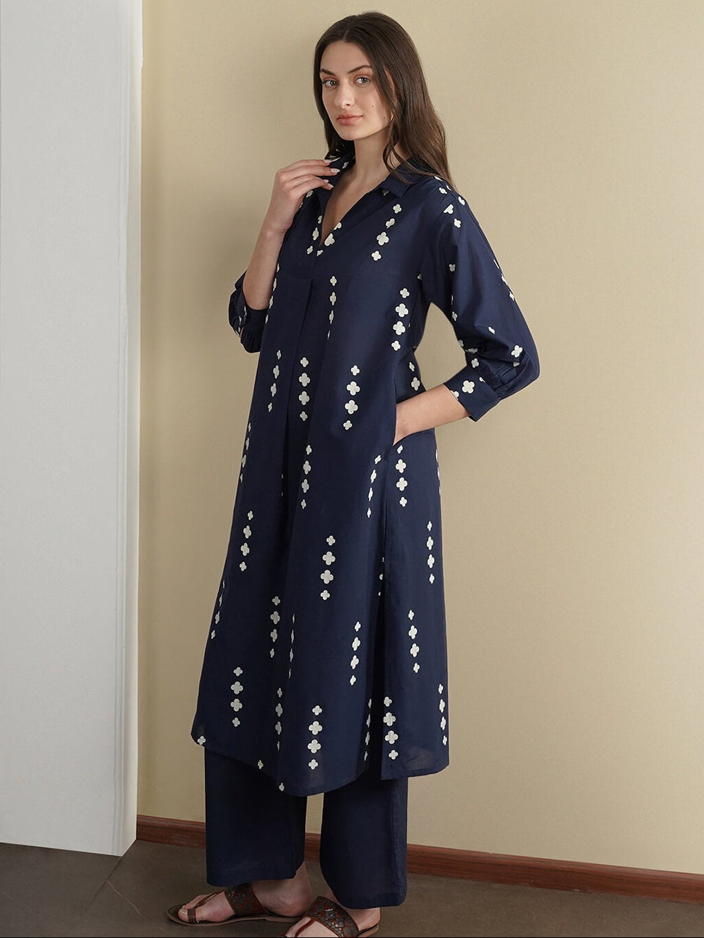 Cotton Geometric Straight Kurta - Navy Blue