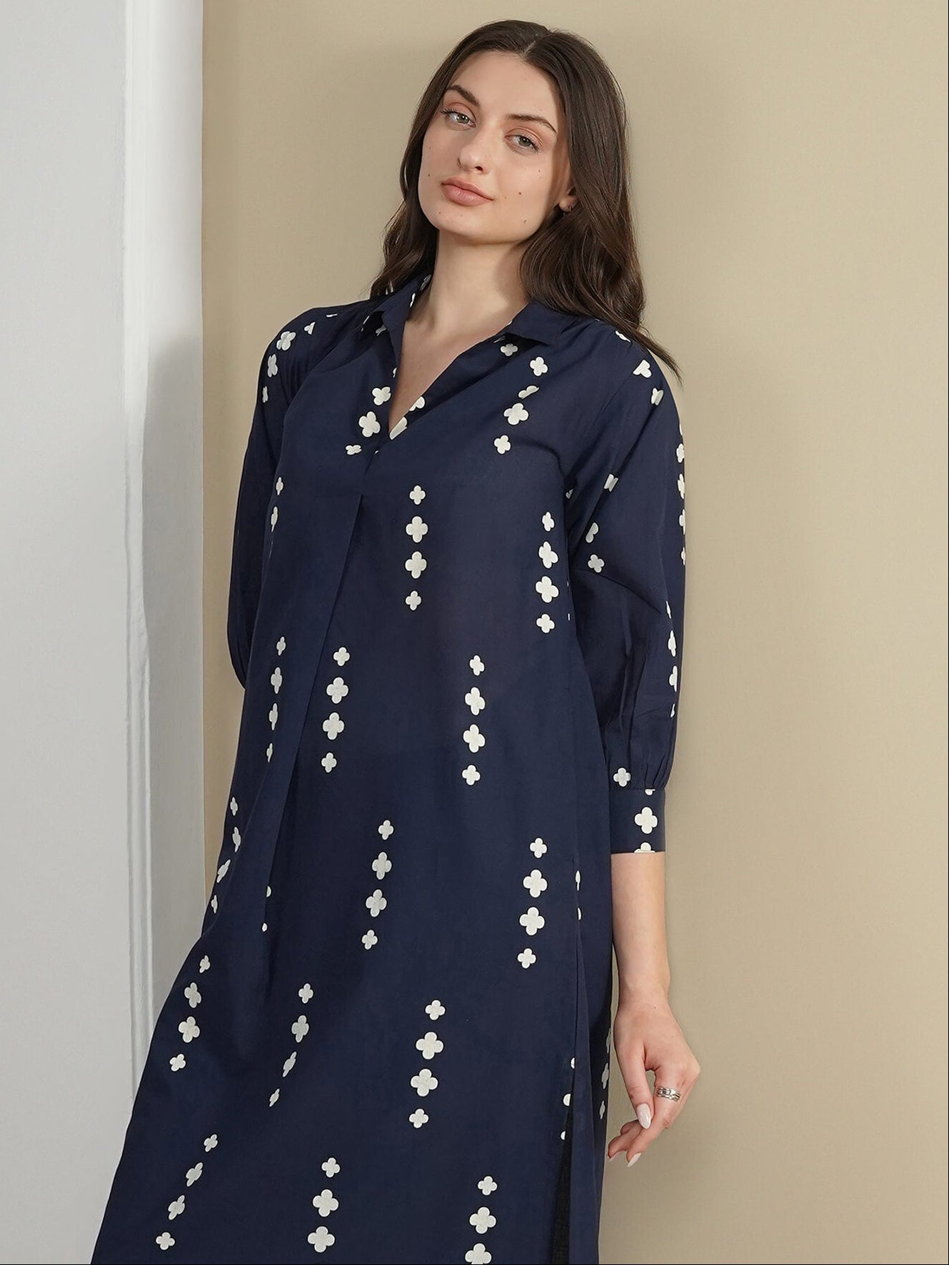 Cotton Geometric Straight Kurta - Navy Blue