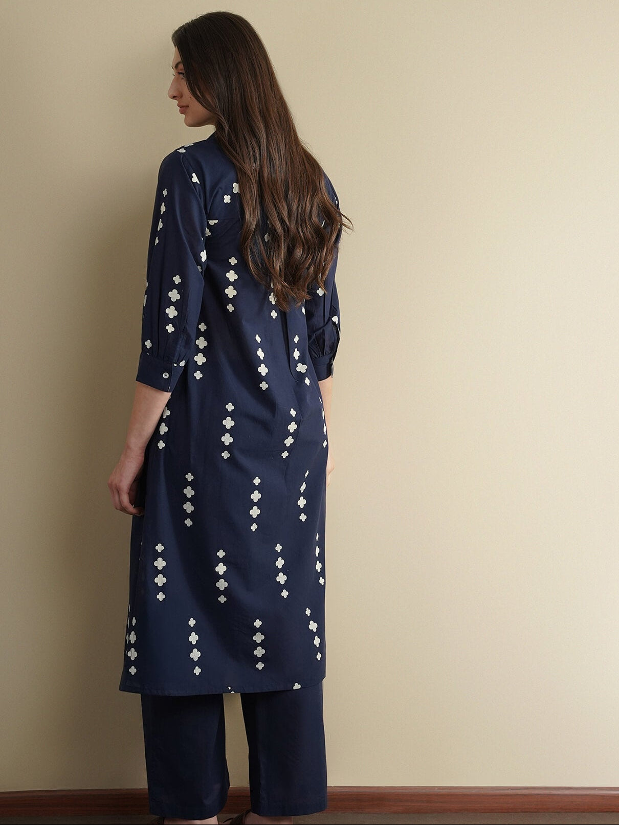 Cotton Geometric Straight Kurta - Navy Blue