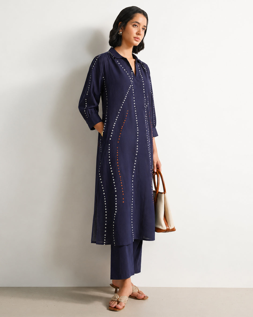 Cotton Bandhani-Inspired A-Line Kurta Set - Blue