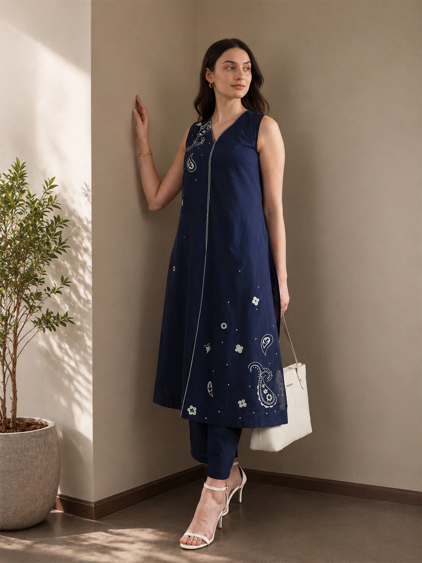 Cotton Paisley A-Line Kurta Set - Navy Blue