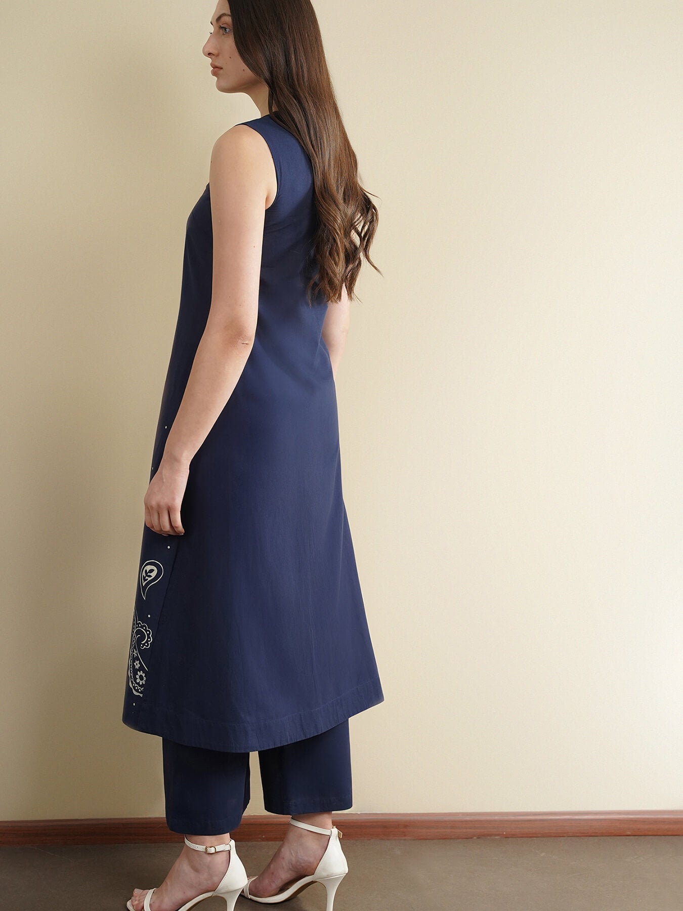 Cotton Paisley A-Line Kurta Set - Navy Blue