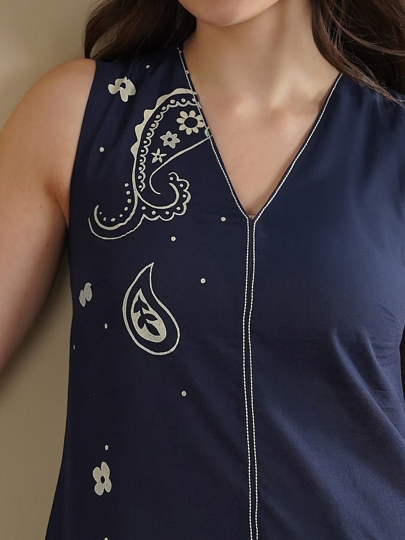Cotton Paisley A-Line Kurta Set - Navy Blue