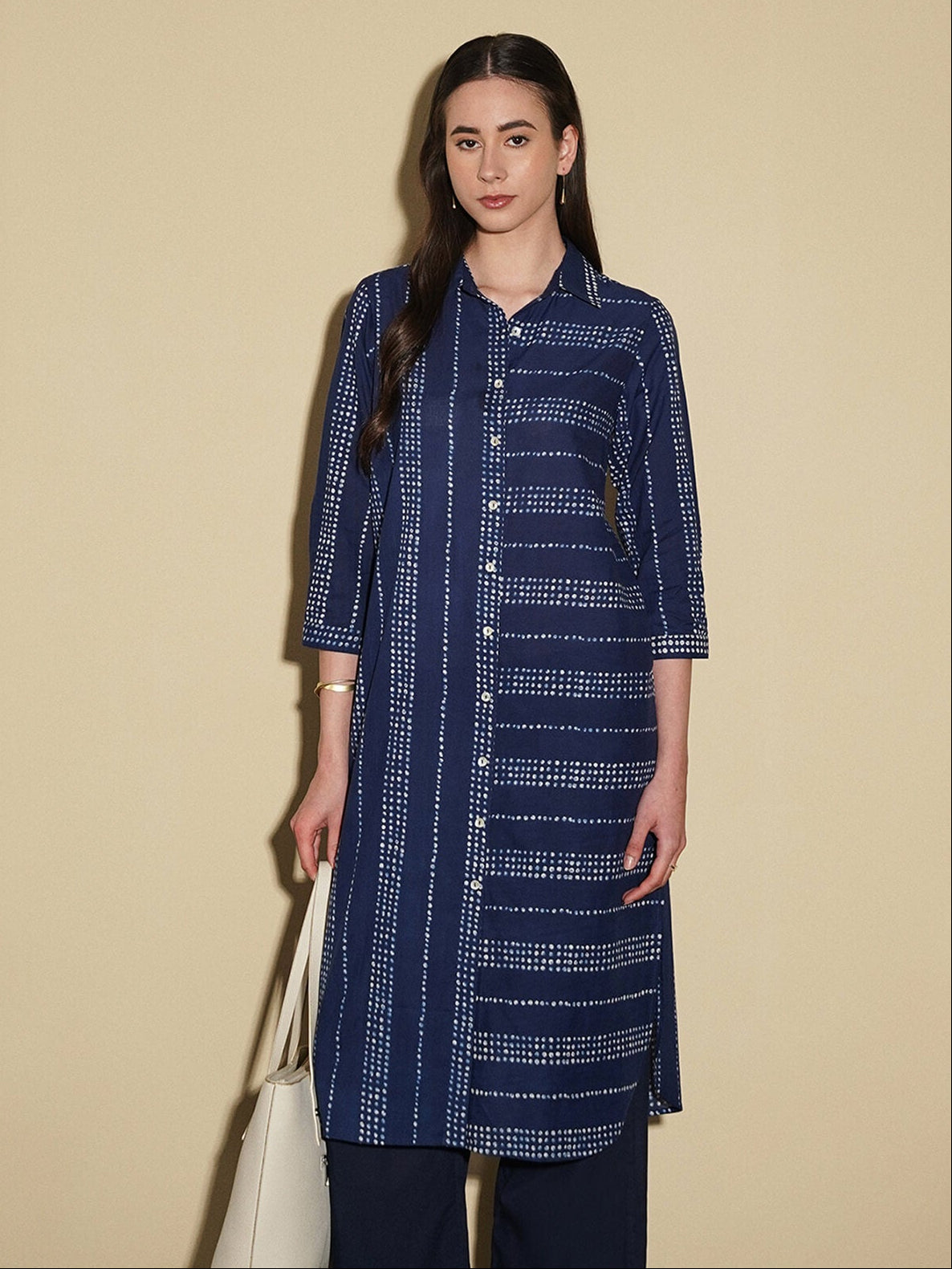 Cotton Dots Play V-Neck Kurta - Navy Blue