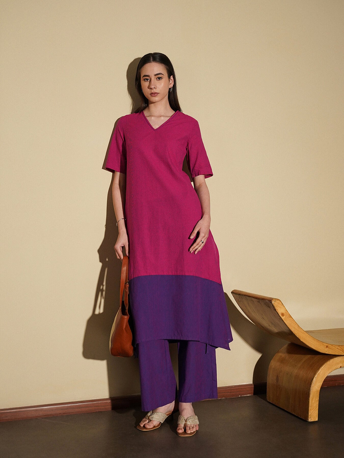 Cotton Solid Colourblock Kurta Set - Pink and Purple