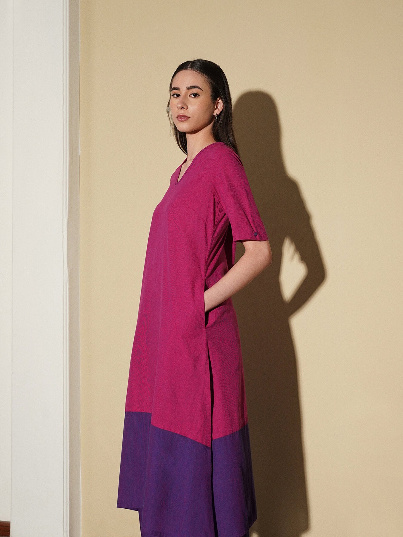 Cotton Solid Colourblock Kurta Set - Pink and Purple