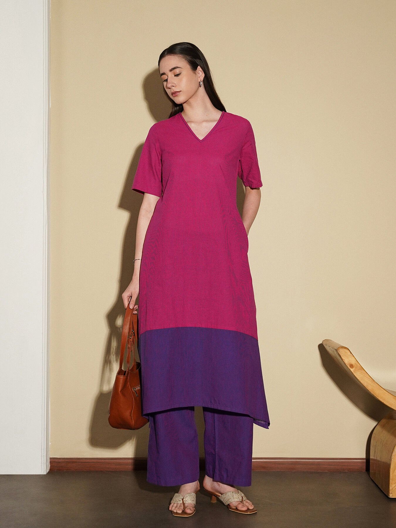 Cotton Solid Colourblock Kurta Set - Pink and Purple