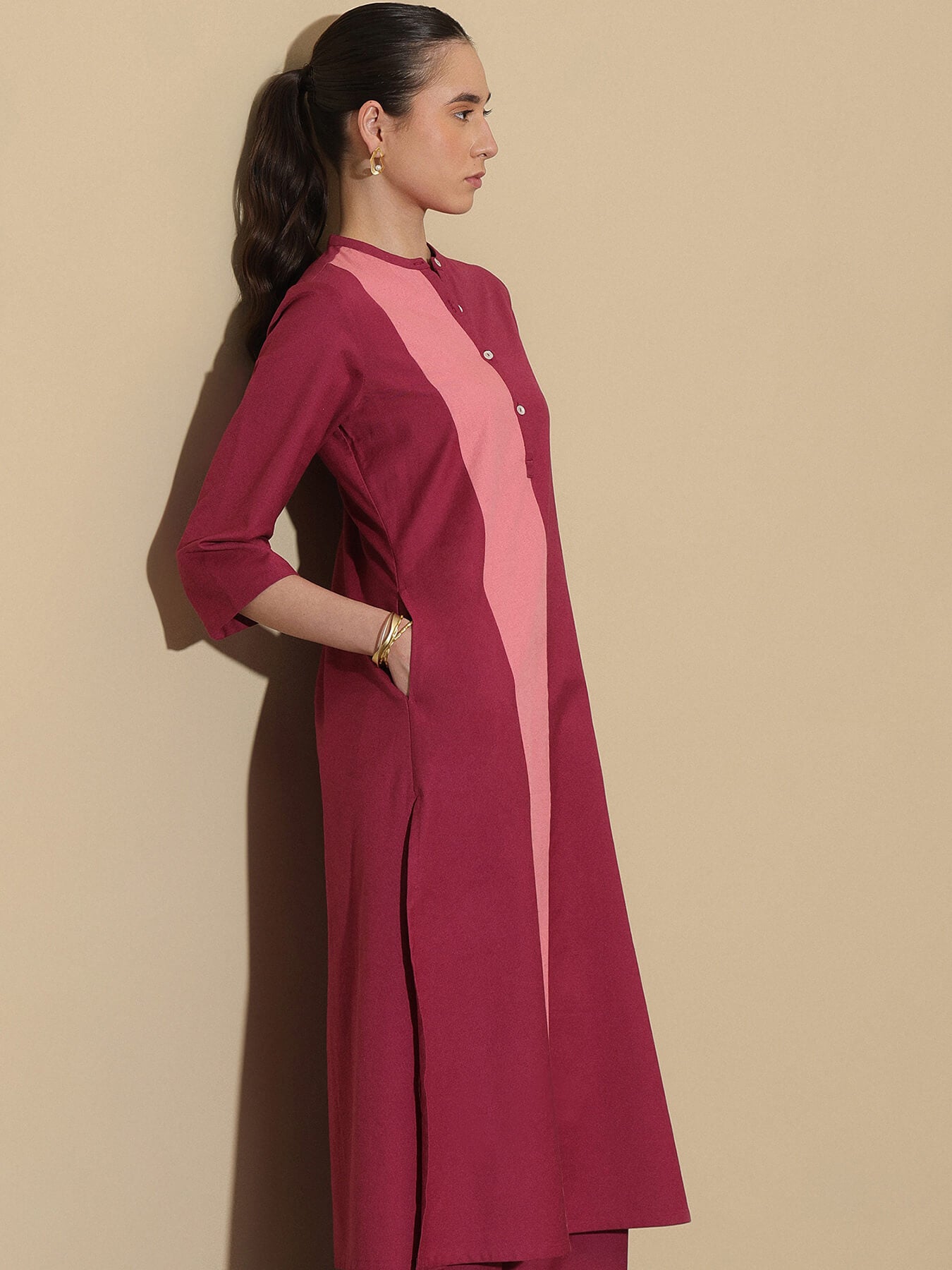 Linen Blend Straight Kurta Set - Maroon and Pink