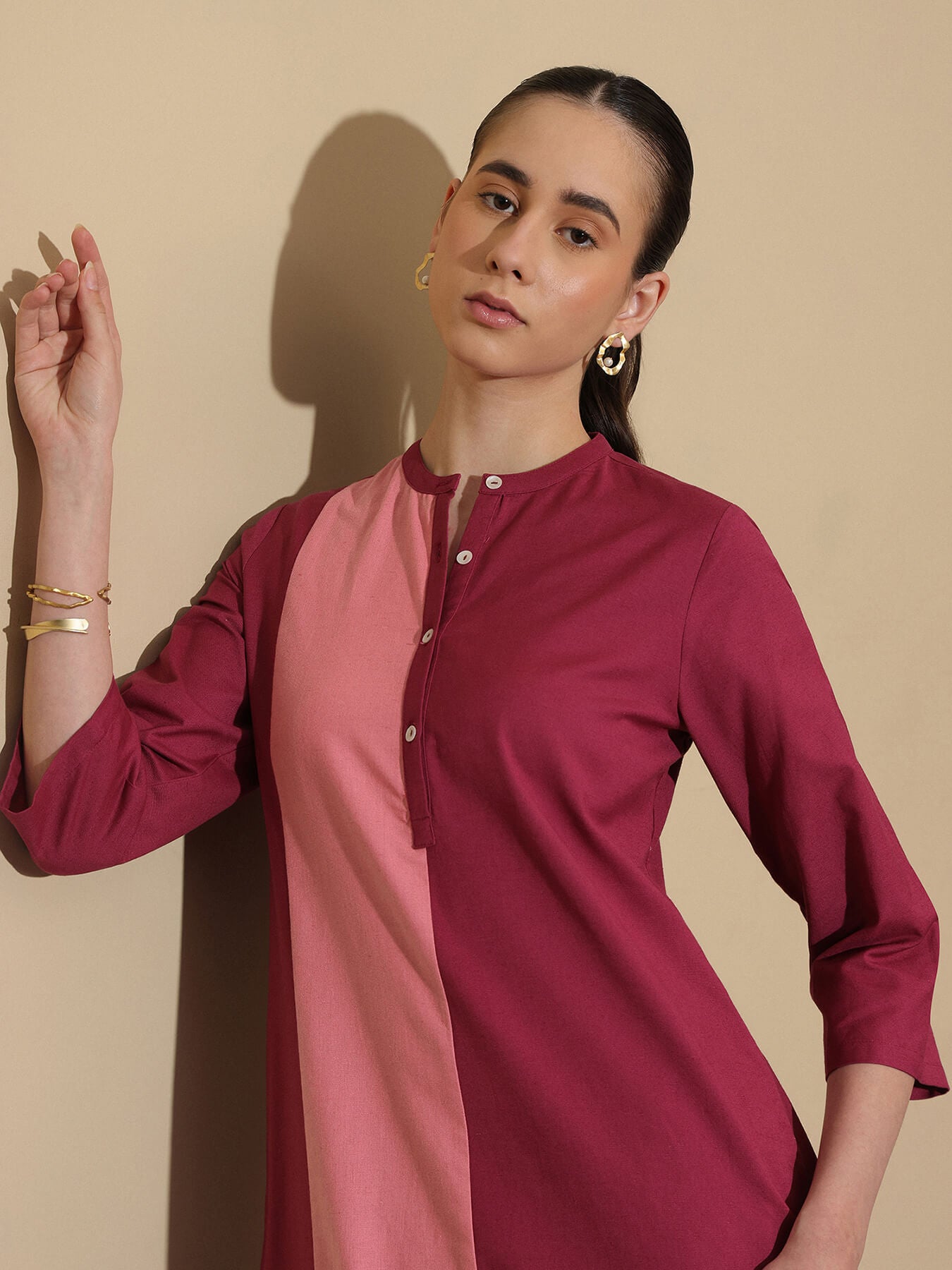 Linen Blend Straight Kurta Set - Maroon and Pink