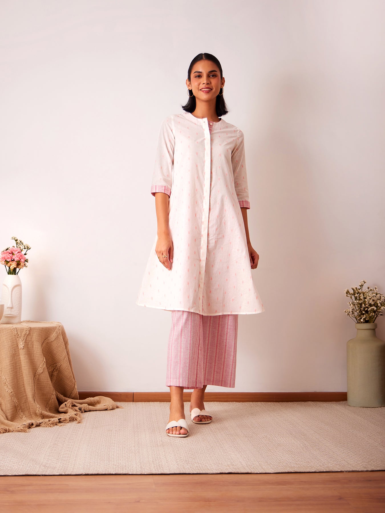 Cotton A-Line Kurta Set - Off White & Pink