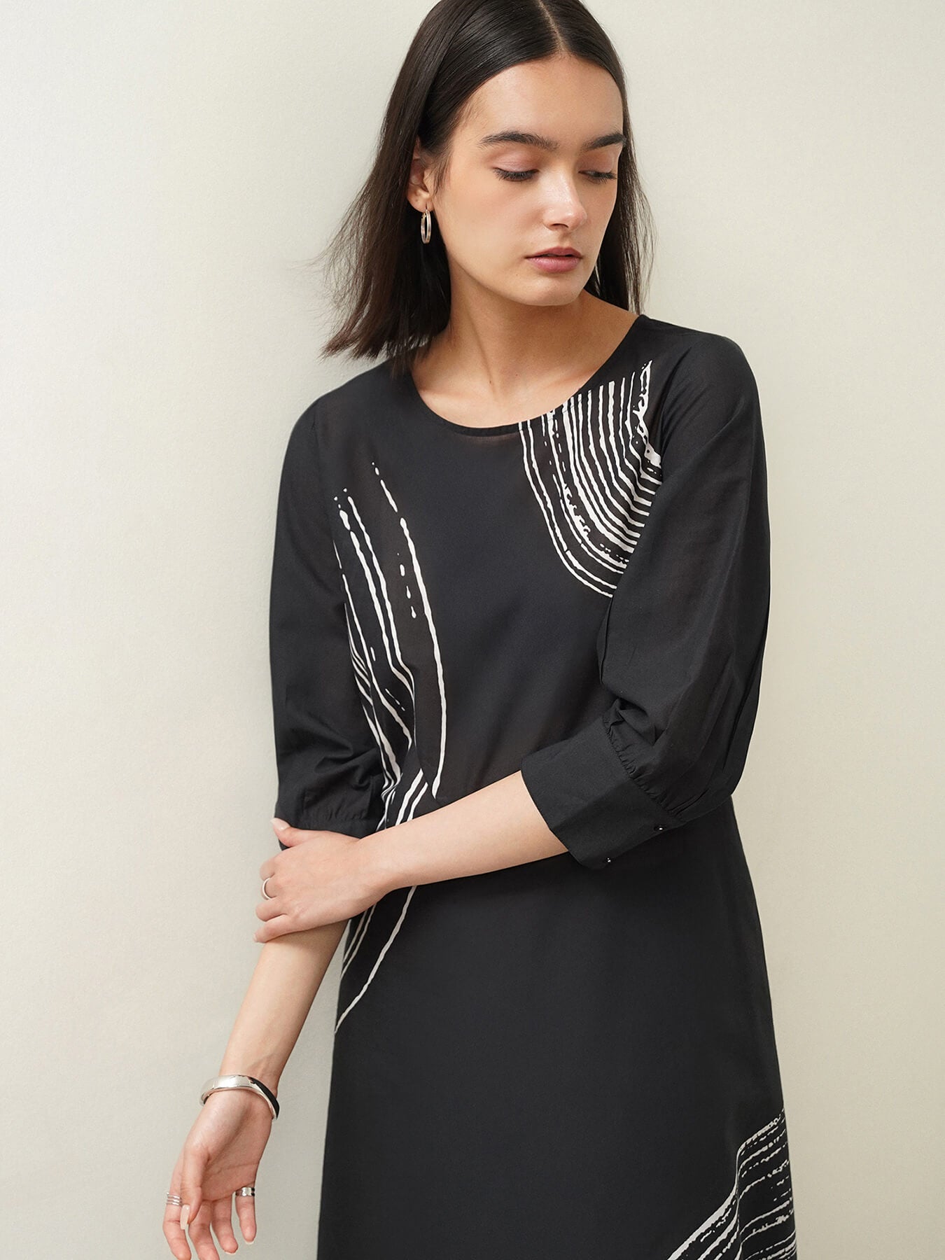 Cotton Abstract Straight Kurta Set - Black