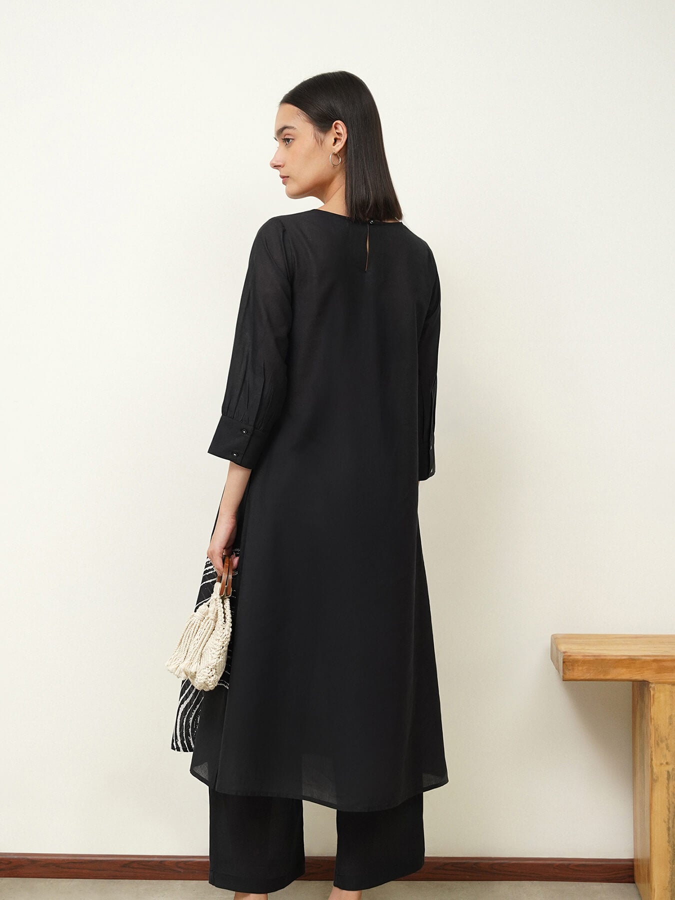Cotton Abstract Straight Kurta Set - Black