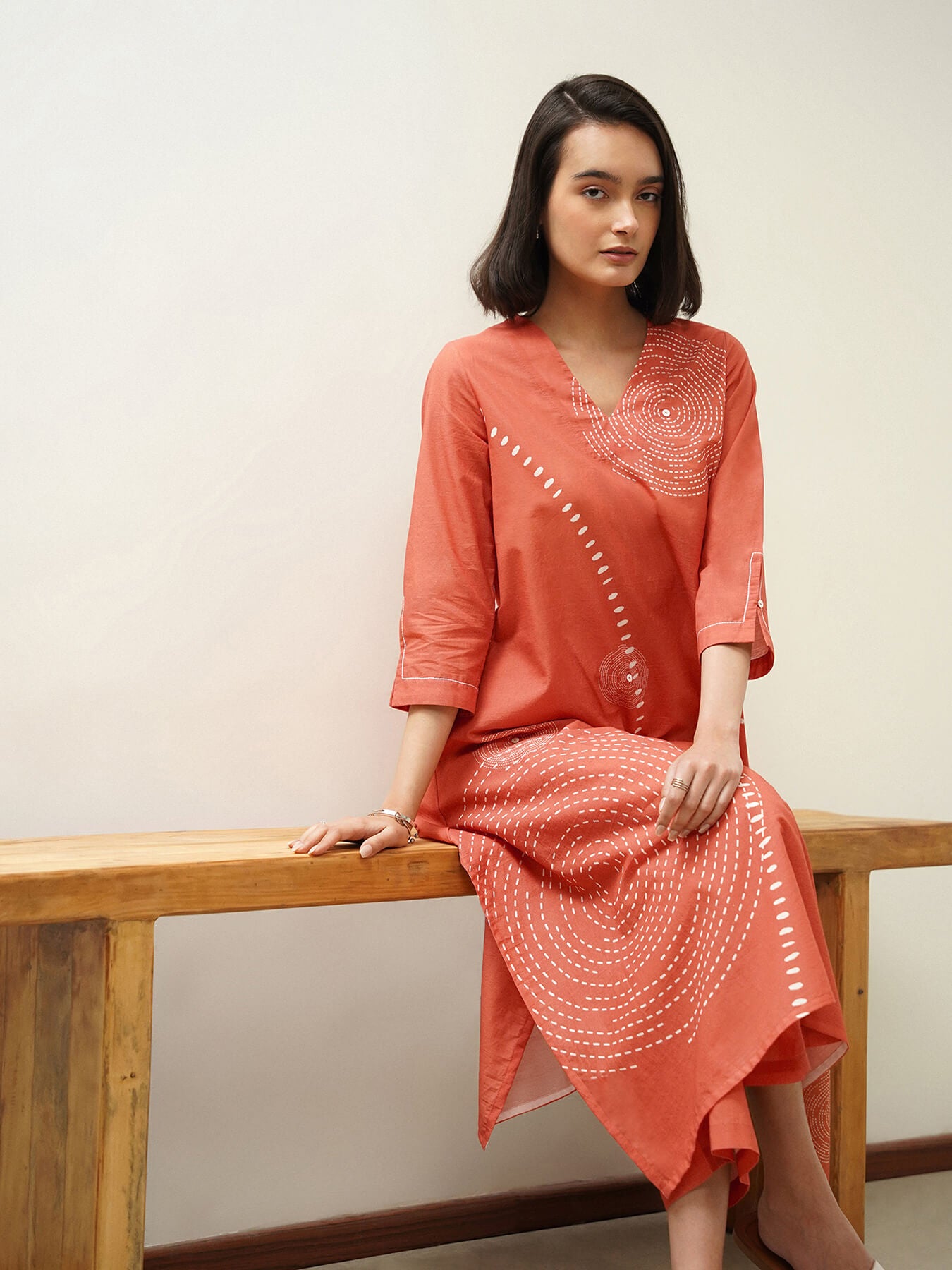 Cotton Polka Asymmetric Kurta Set - Rust