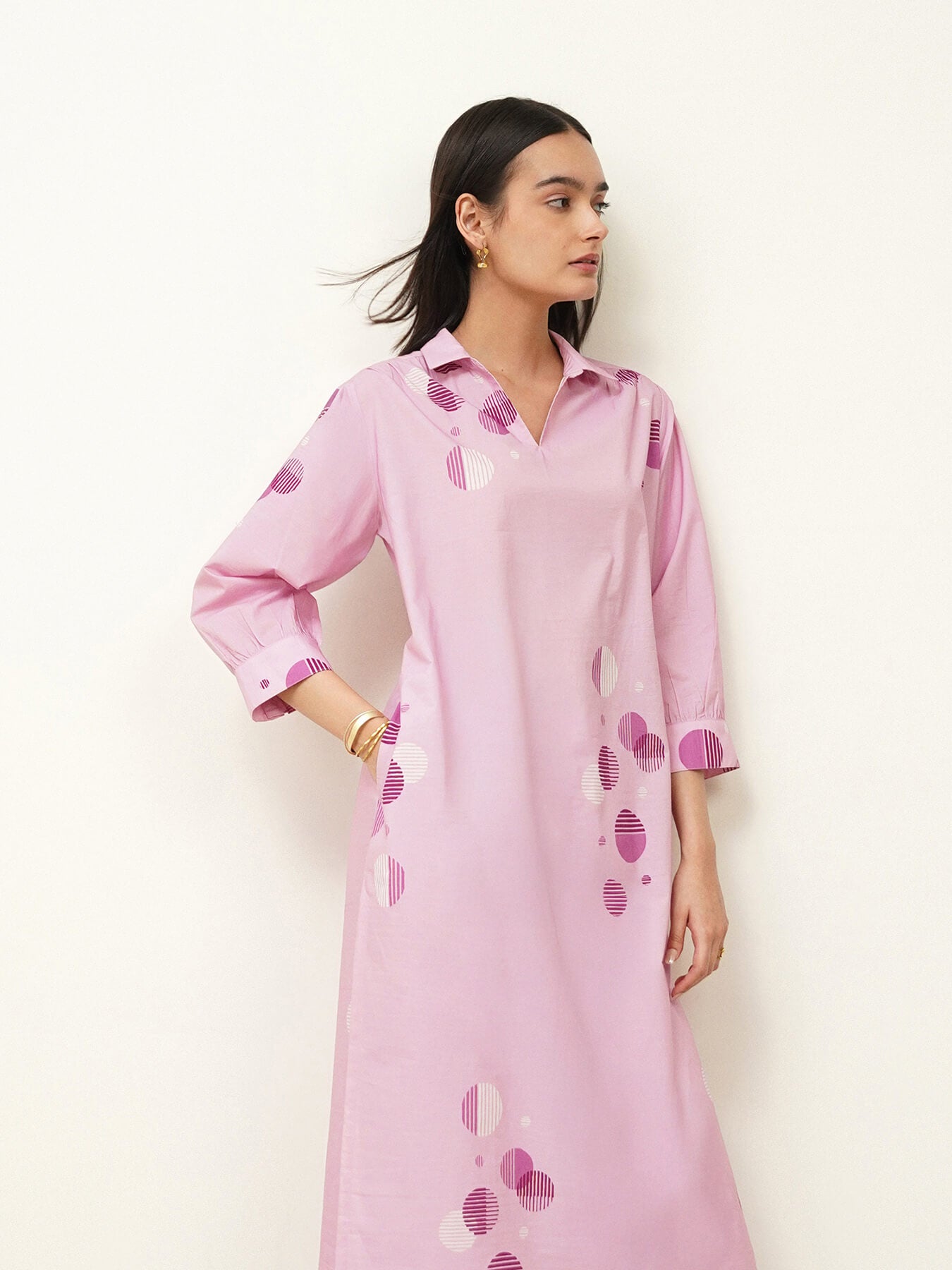 Cotton Polka Flared Kurta Set - Purple