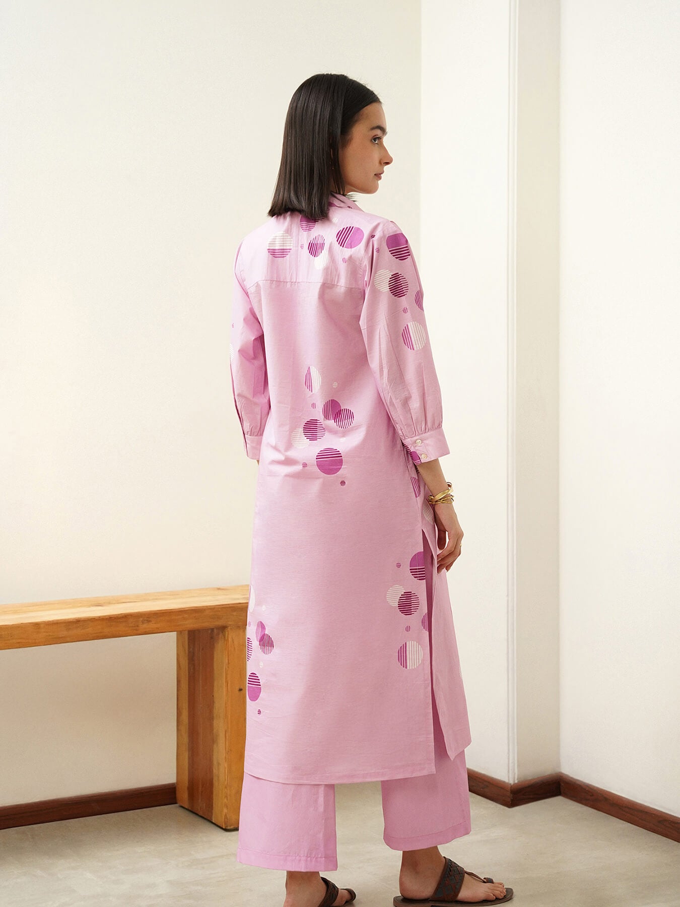 Cotton Polka Flared Kurta Set - Purple