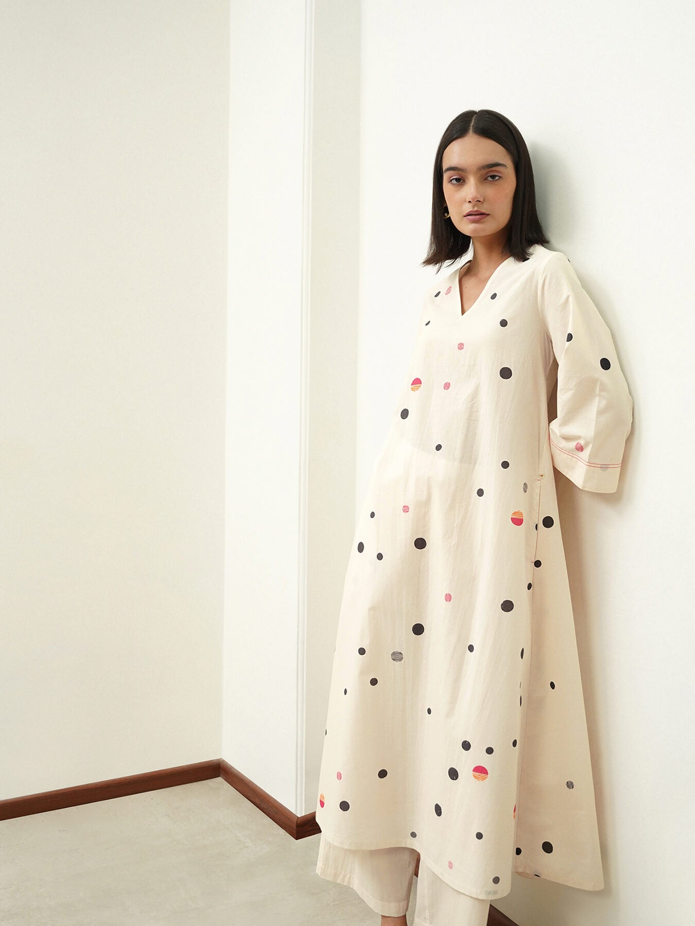 Cotton Polka A-Line Kurta Set - Off White